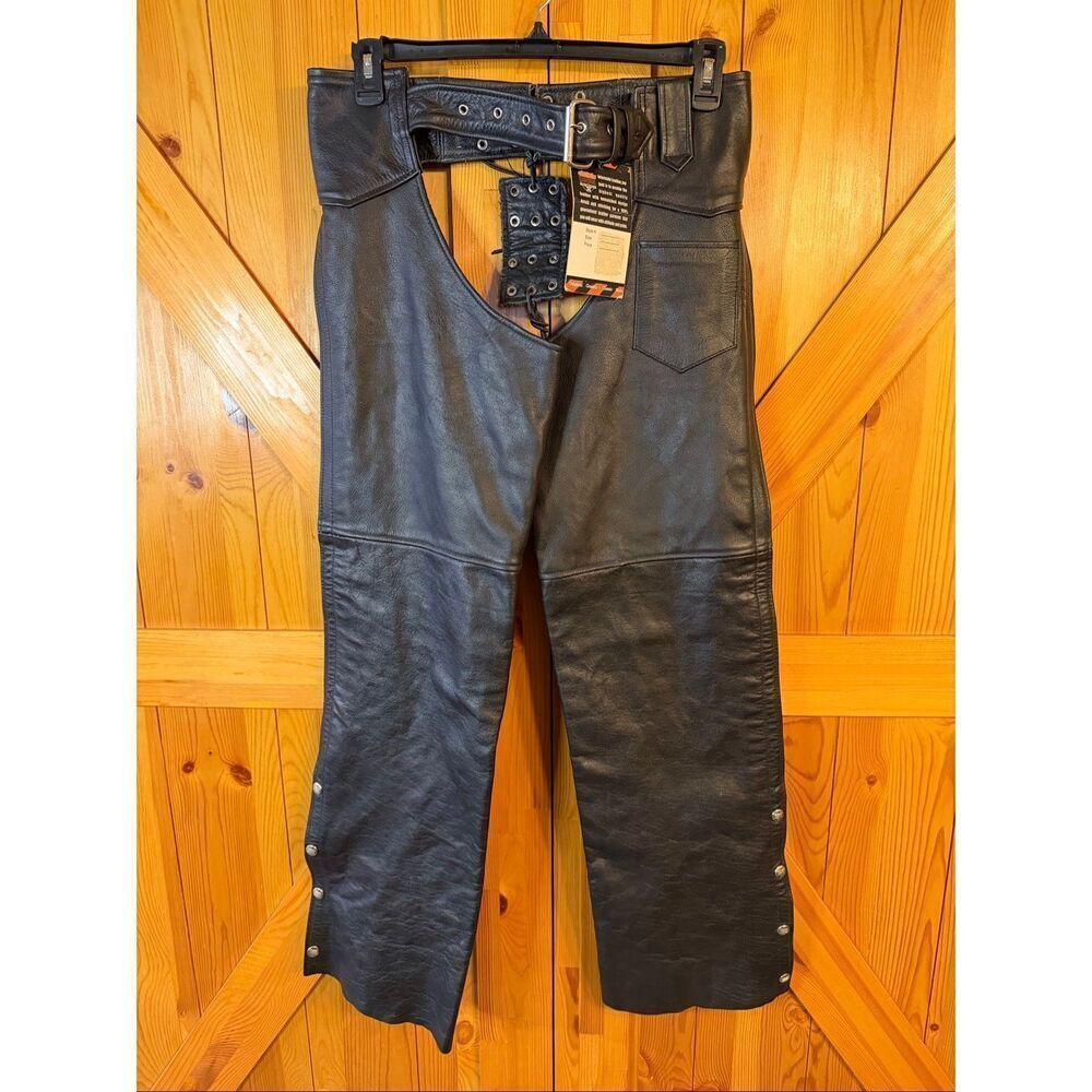 Interstate Leather Black Leather Biker Motorcycle Chaps NWT Size Medium (6340)